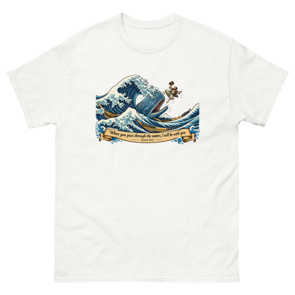 Woodblock style great wave with Jonah and a whale and the words When you pass through the waters I will be with you