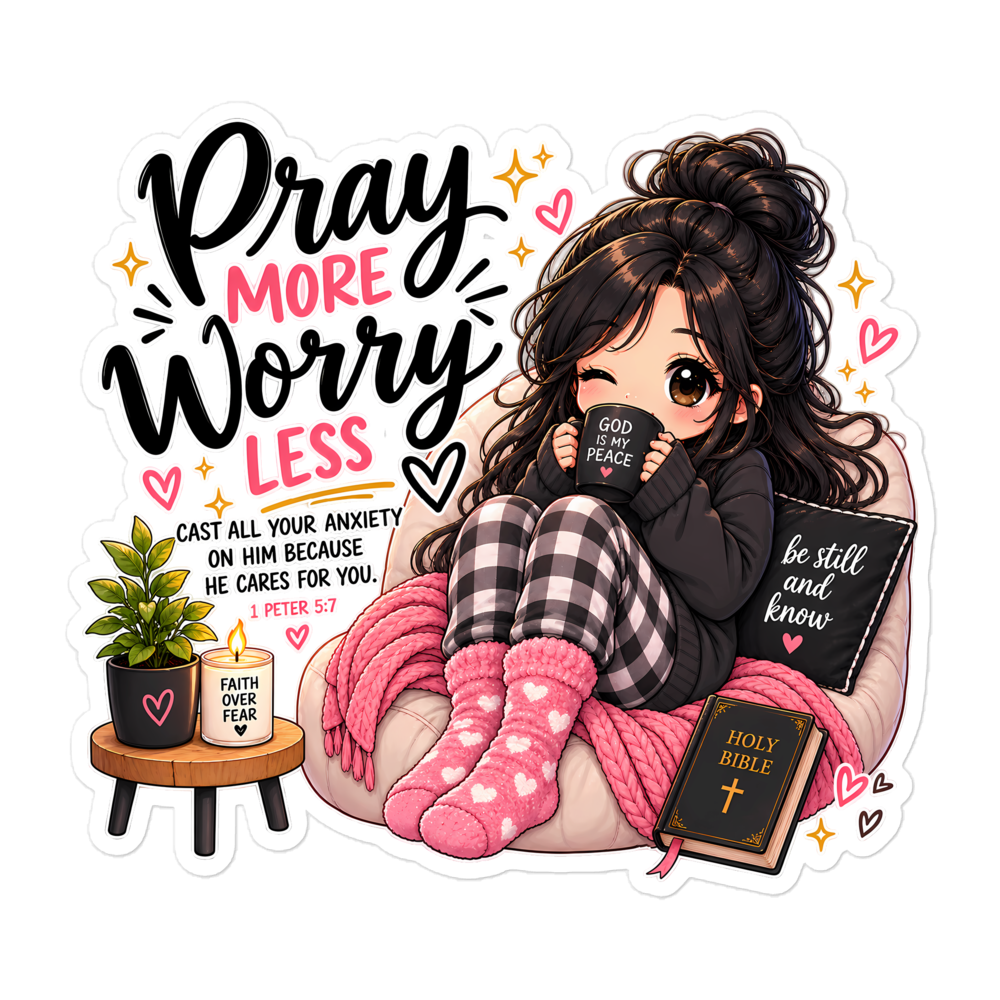 Pray More Worry Less Cozy Chibi Sticker | sticker