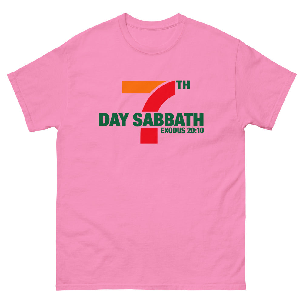 Orange red and green sign parody reading 7th Day Sabbath, Exodus 20:10 on a Azalea shirt