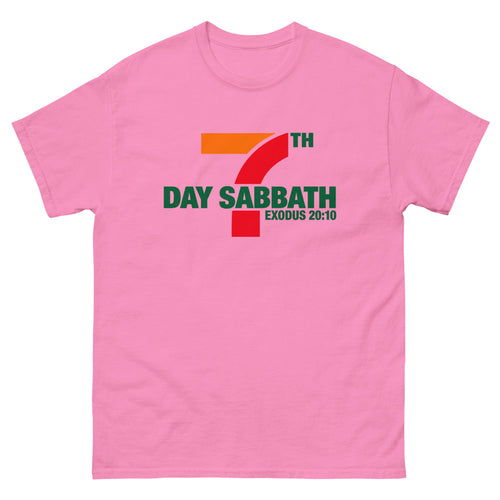 Orange red and green sign parody reading 7th Day Sabbath, Exodus 20:10 on a Azalea shirt
