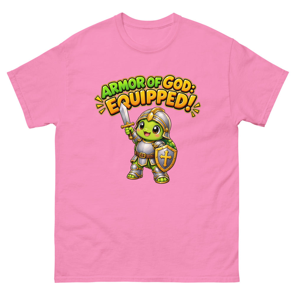 Cartoon turtle in knight armor with sword and shield and the words Armor Of God Equipped on a Azalea shirt