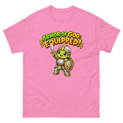 Cartoon turtle in knight armor with sword and shield and the words Armor Of God Equipped on a Azalea shirt