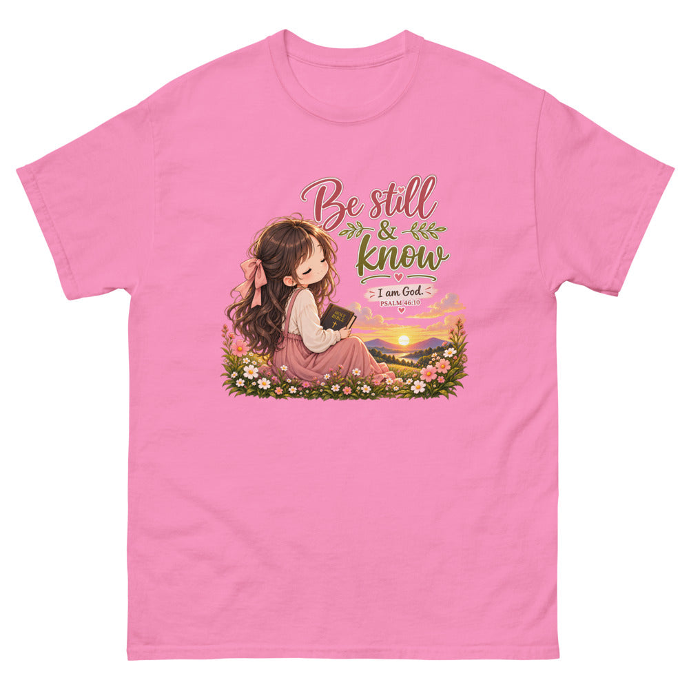 Chibi girl in a flower field holding a Bible with the words Be Still And Know on a Azalea shirt