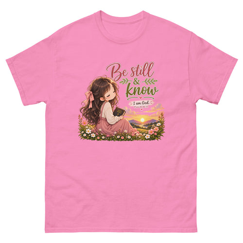 Chibi girl in a flower field holding a Bible with the words Be Still And Know on a Azalea shirt