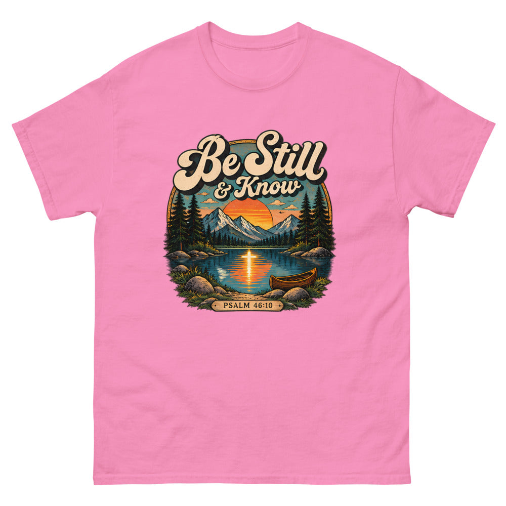 Retro lake and canoe scene at sunset reading Be Still And Know on a Azalea shirt