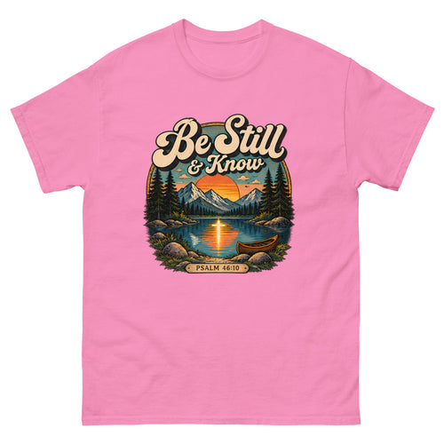 Retro lake and canoe scene at sunset reading Be Still And Know on a Azalea shirt