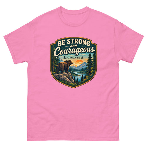 Shield badge with a bear on a rock reading Be Strong And Courageous on a Azalea shirt