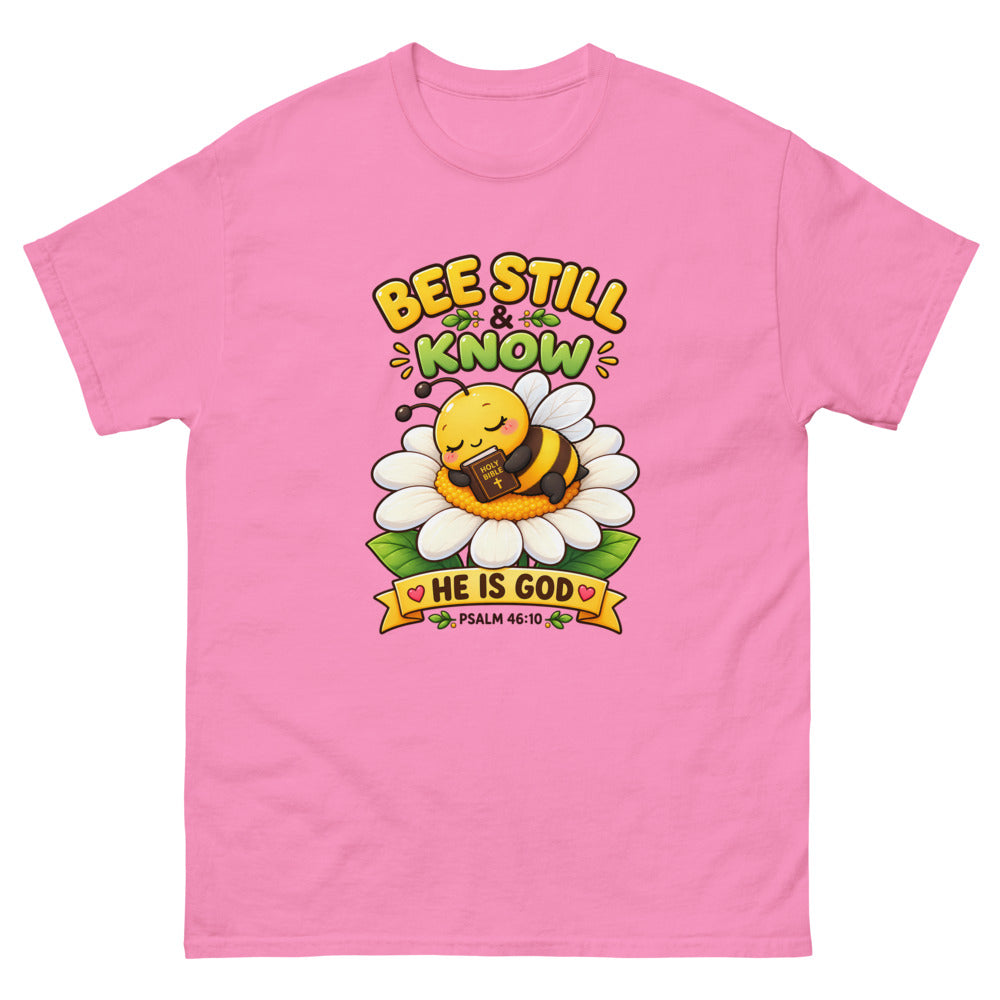 Cartoon bee sleeping on a daisy with a Bible and the words Bee Still And Know on a Azalea shirt