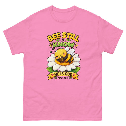 Cartoon bee sleeping on a daisy with a Bible and the words Bee Still And Know on a Azalea shirt