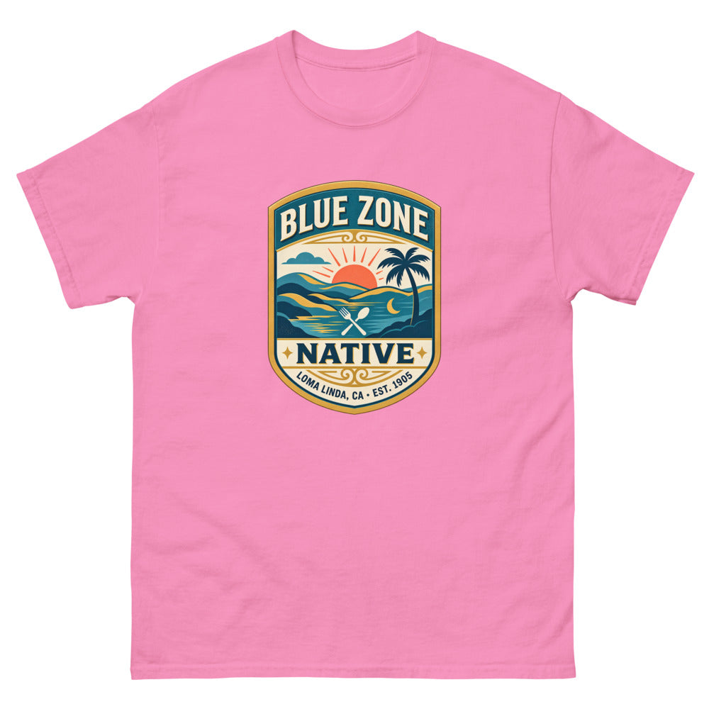 Vintage badge with a sunset and palm tree reading Blue Zone Native, Loma Linda CA on a Azalea shirt