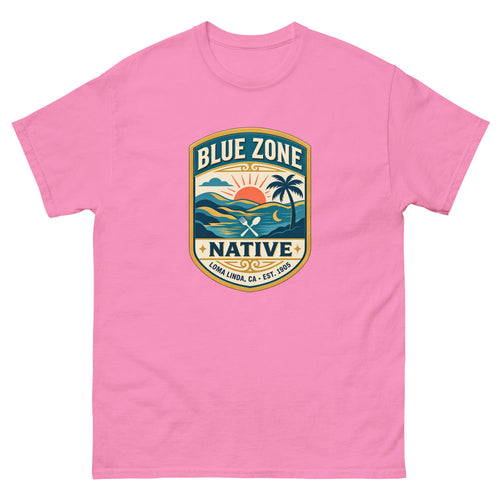 Vintage badge with a sunset and palm tree reading Blue Zone Native, Loma Linda CA on a Azalea shirt