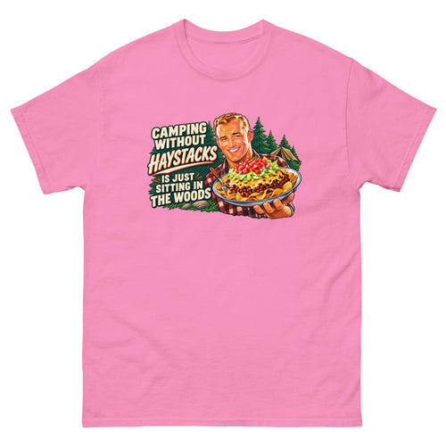 Retro illustration of a camper holding a plate of haystacks with the words Camping Without Haystacks Is Just Sitting In The Woods on a Azalea shirt