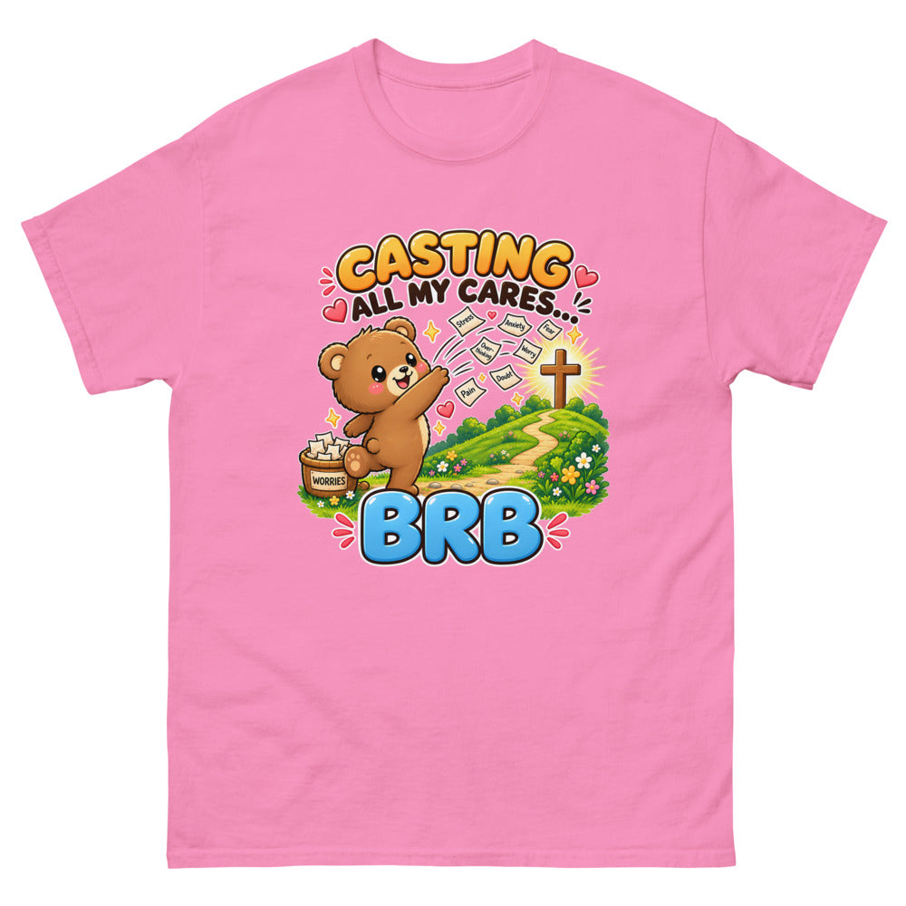 Cartoon bear throwing worry notes away with the words Casting All My Cares BRB on a Azalea shirt