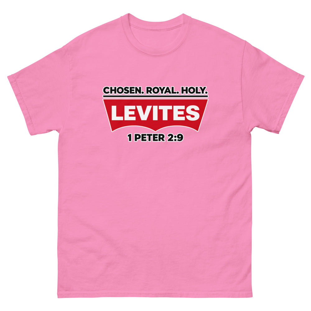 Red batwing patch reading Levites with Chosen Royal Holy and 1 Peter 2:9 on a Azalea shirt