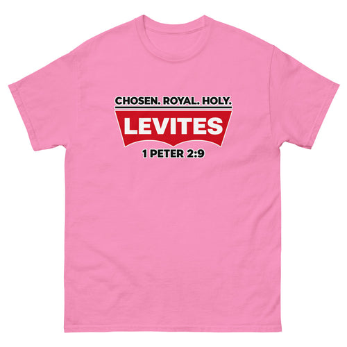 Red batwing patch reading Levites with Chosen Royal Holy and 1 Peter 2:9 on a Azalea shirt
