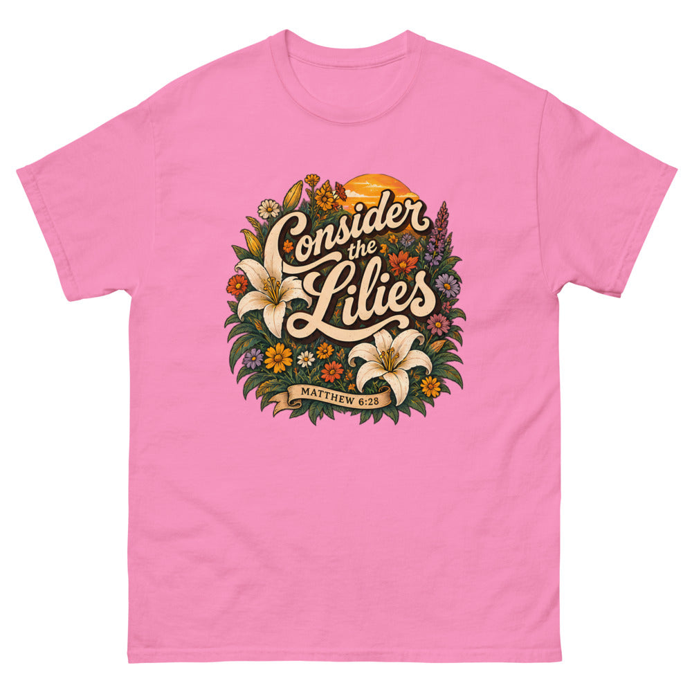 Retro floral illustration with lilies reading Consider The Lilies on a Azalea shirt