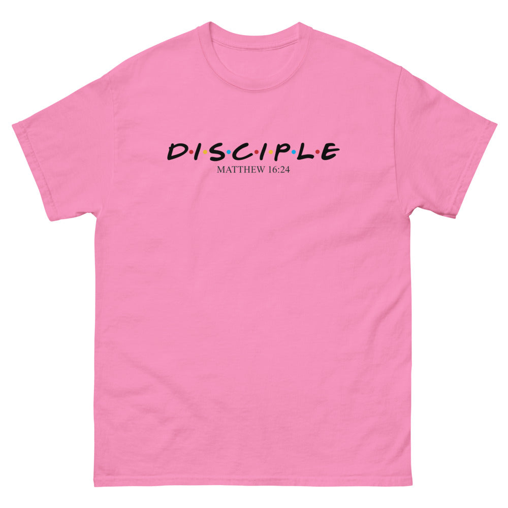 Sitcom style title lettering with coloured dots reading Disciple, Matthew 16:24 on a Azalea shirt