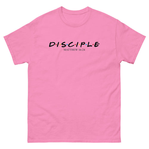 Sitcom style title lettering with coloured dots reading Disciple, Matthew 16:24 on a Azalea shirt