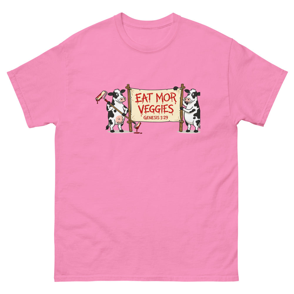 Two cartoon cows holding a banner reading Eat Mor Veggies, Genesis 1:29 on a Azalea shirt