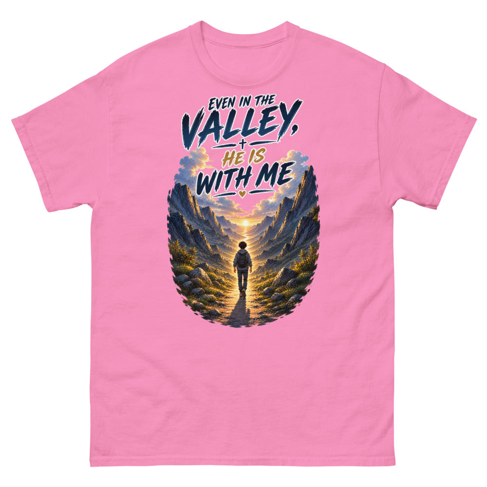Hiker walking through a mountain valley with the words Even In The Valley He Is With Me on a Azalea shirt
