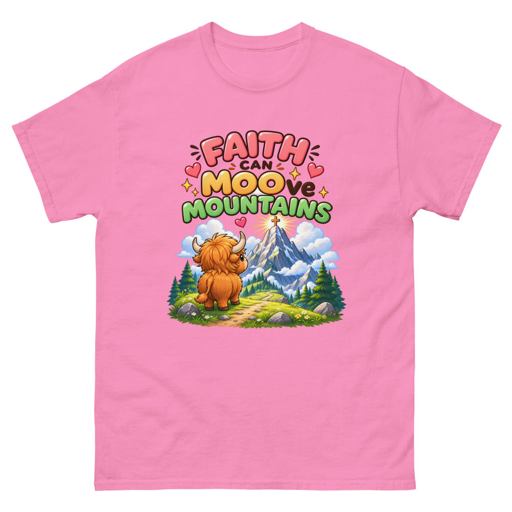 Cartoon highland cow looking at a mountain with the words Faith Can Moo-ve Mountains on a Azalea shirt
