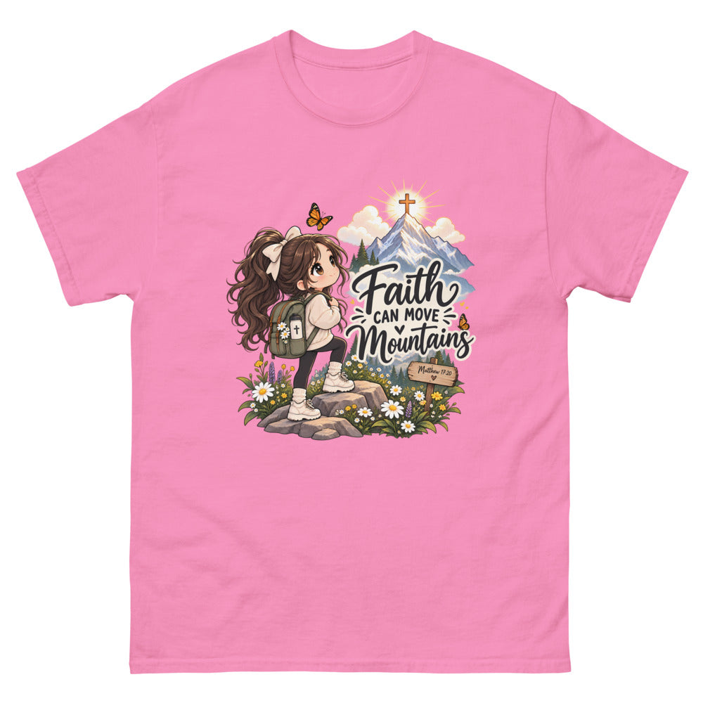Chibi hiker girl looking at a mountain with a cross and the words Faith Can Move Mountains on a Azalea shirt