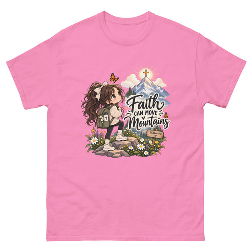 Chibi hiker girl looking at a mountain with a cross and the words Faith Can Move Mountains on a Azalea shirt