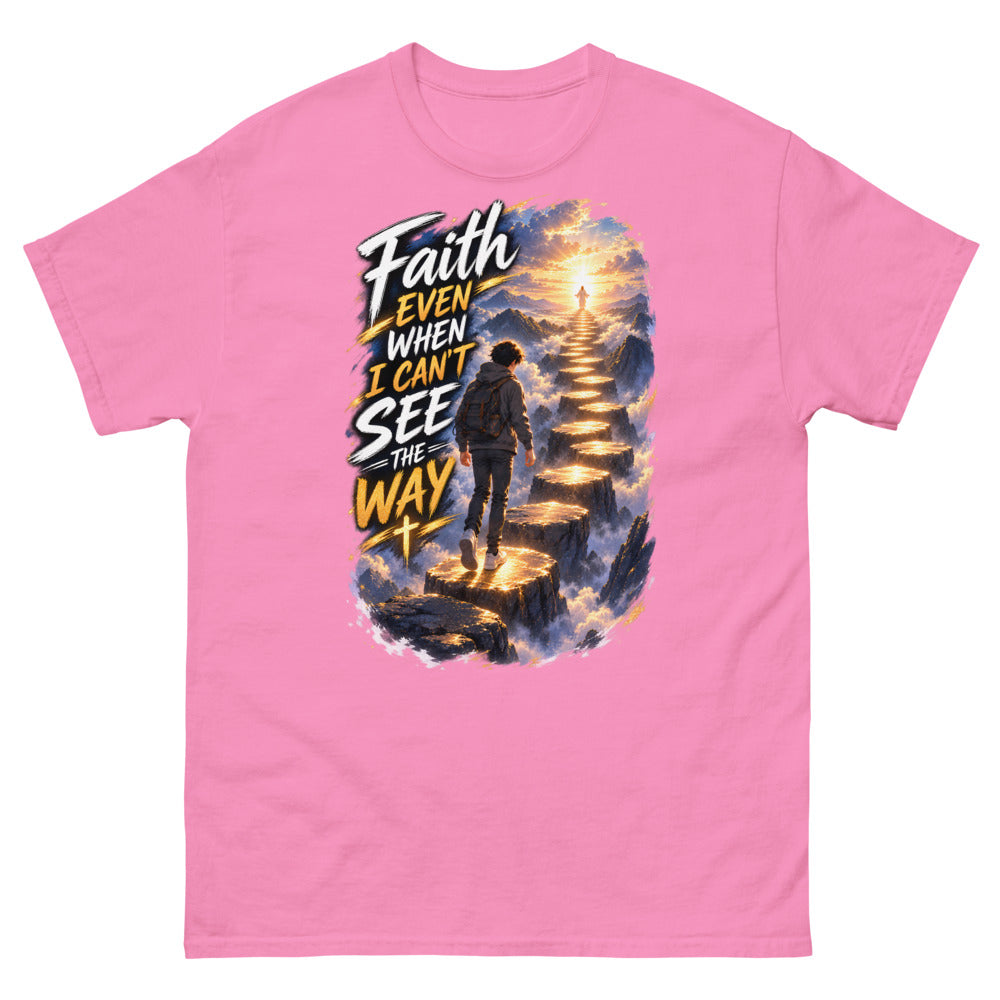 Anime boy climbing a glowing stairway in the clouds with the words Faith Even When I Can't See The Way on a Azalea shirt