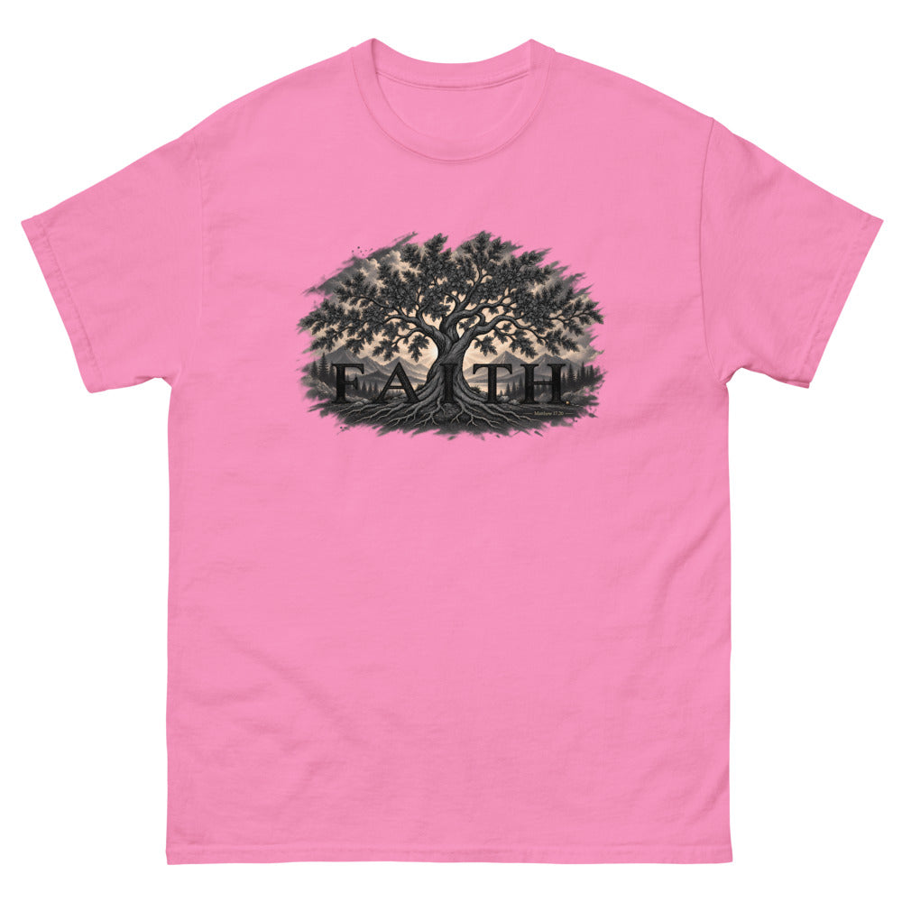 Engraved tree growing through the word Faith with Matthew 17:20 on a Azalea shirt
