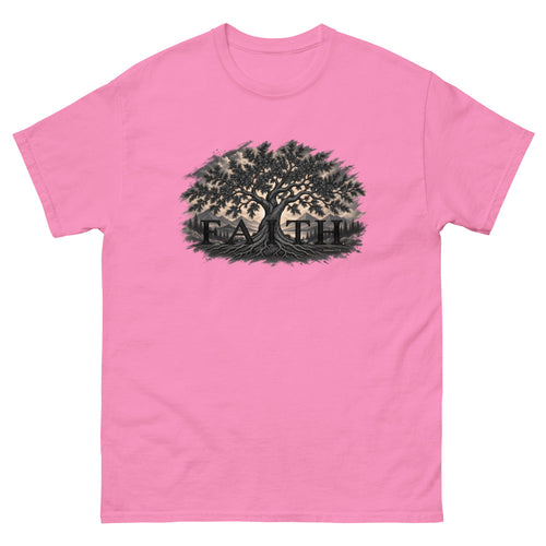 Engraved tree growing through the word Faith with Matthew 17:20 on a Azalea shirt