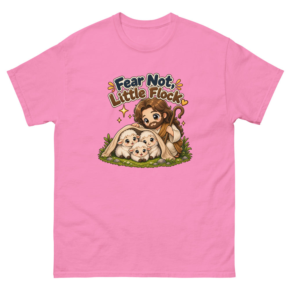 Chibi Jesus tucking a blanket around three sheep with the words Fear Not Little Flock on a Azalea shirt