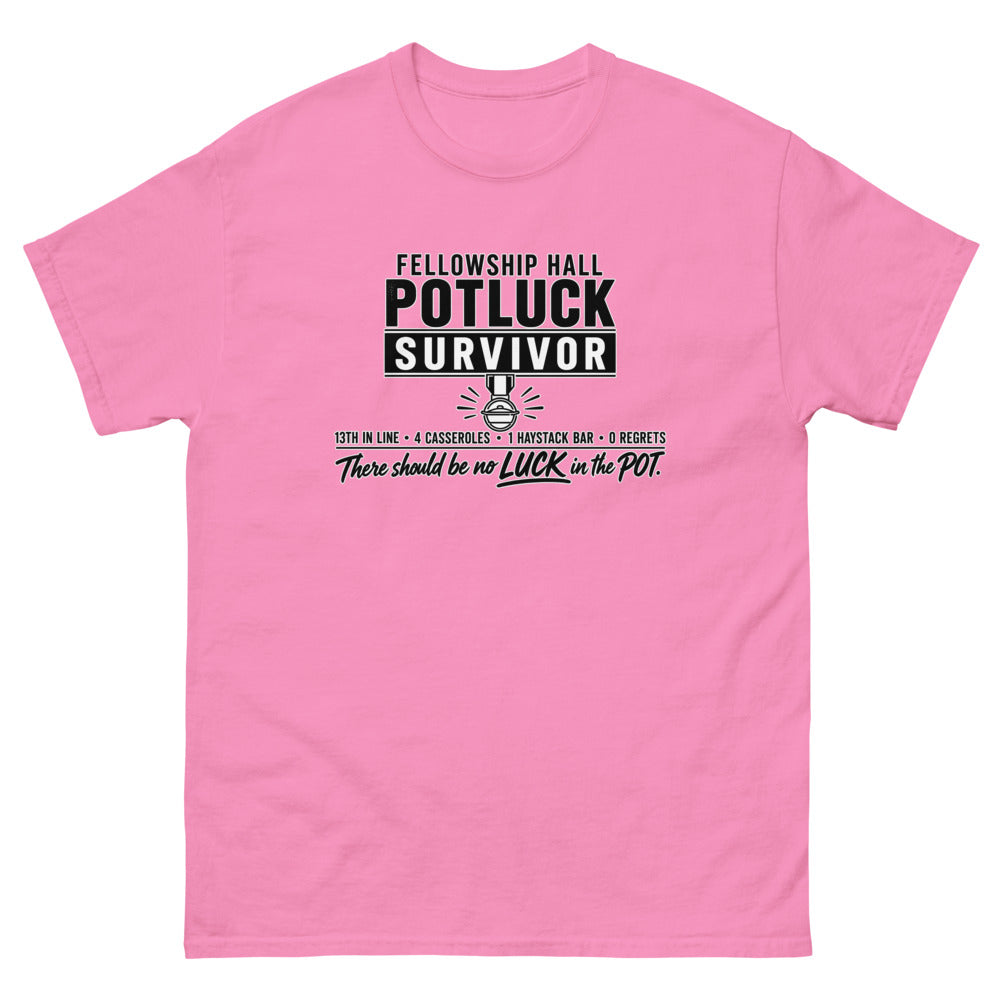Military style badge reading Fellowship Hall Potluck Survivor with a medal on a Azalea shirt