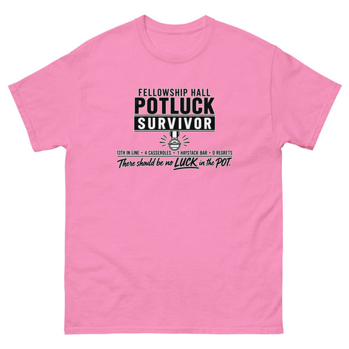 Military style badge reading Fellowship Hall Potluck Survivor with a medal on a Azalea shirt