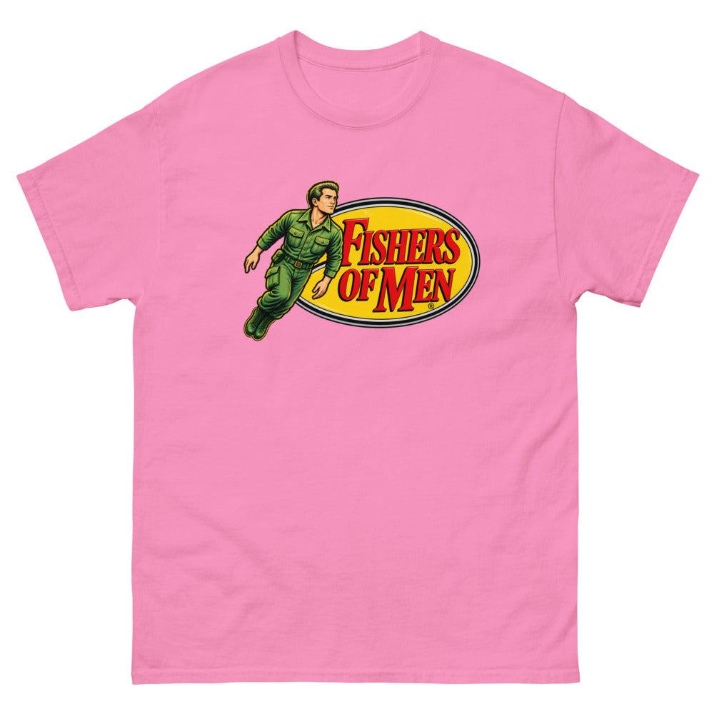Action figure toy logo parody with a figure leaping from a yellow oval reading Fishers of Men on a Azalea shirt