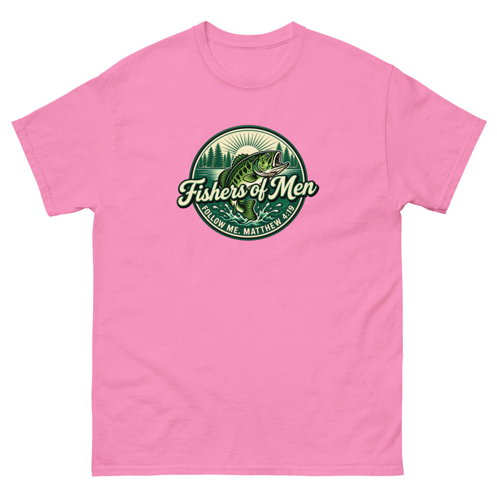 Green circular badge with a leaping bass reading Fishers of Men, Matthew 4:19 on a Azalea shirt