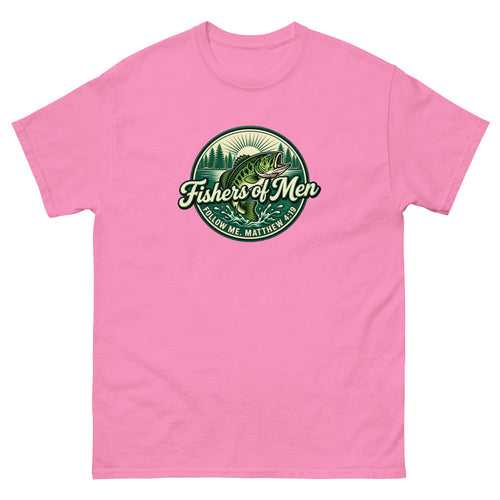 Green circular badge with a leaping bass reading Fishers of Men, Matthew 4:19 on a Azalea shirt