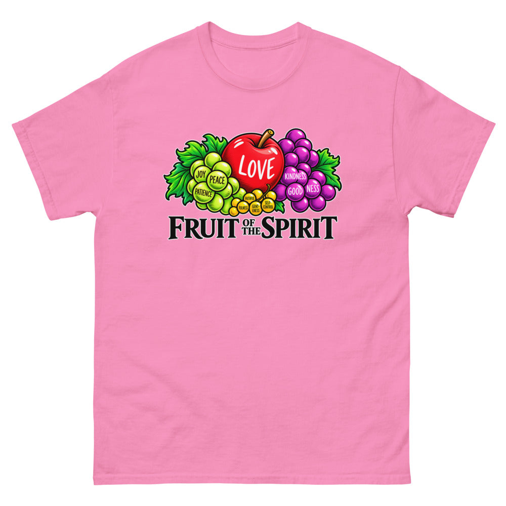Illustrated fruit labelled with the fruit of the spirit under the words Fruit Of The Spirit on a Azalea shirt