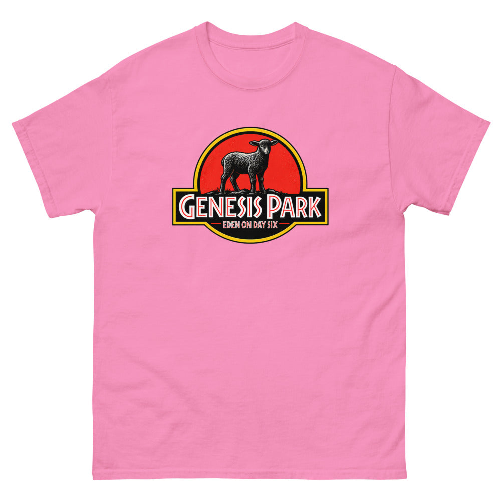 Movie logo parody with a lamb silhouette reading Genesis Park, Eden On Day Six on a Azalea shirt