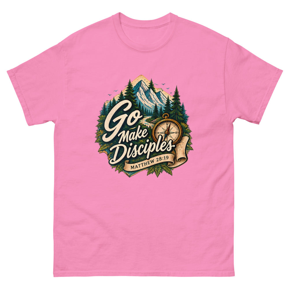 Compass over a mountain trail badge reading Go Make Disciples on a Azalea shirt