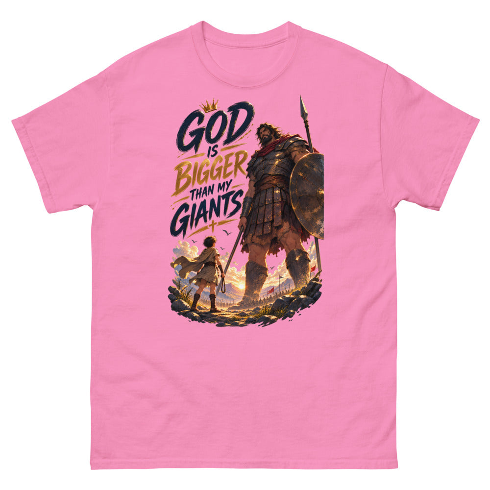 Anime David facing Goliath with the words God Is Bigger Than My Giants on a Azalea shirt