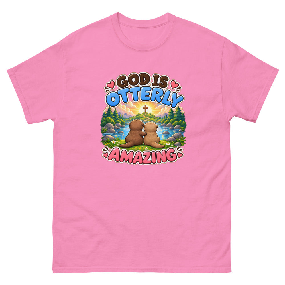 Two otters watching a sunrise with a cross and the words God Is Otterly Amazing on a Azalea shirt