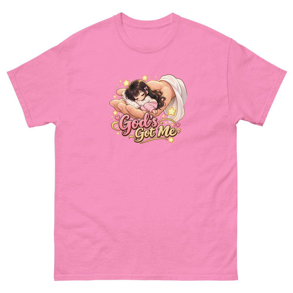 Chibi girl sleeping in the palm of God's hand with the words God's Got Me on a Azalea shirt