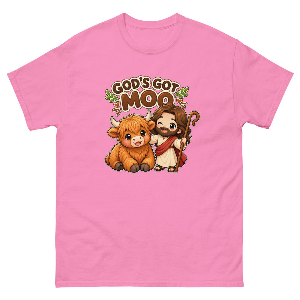 Cartoon highland cow with chibi Jesus and the words God's Got Moo on a Azalea shirt
