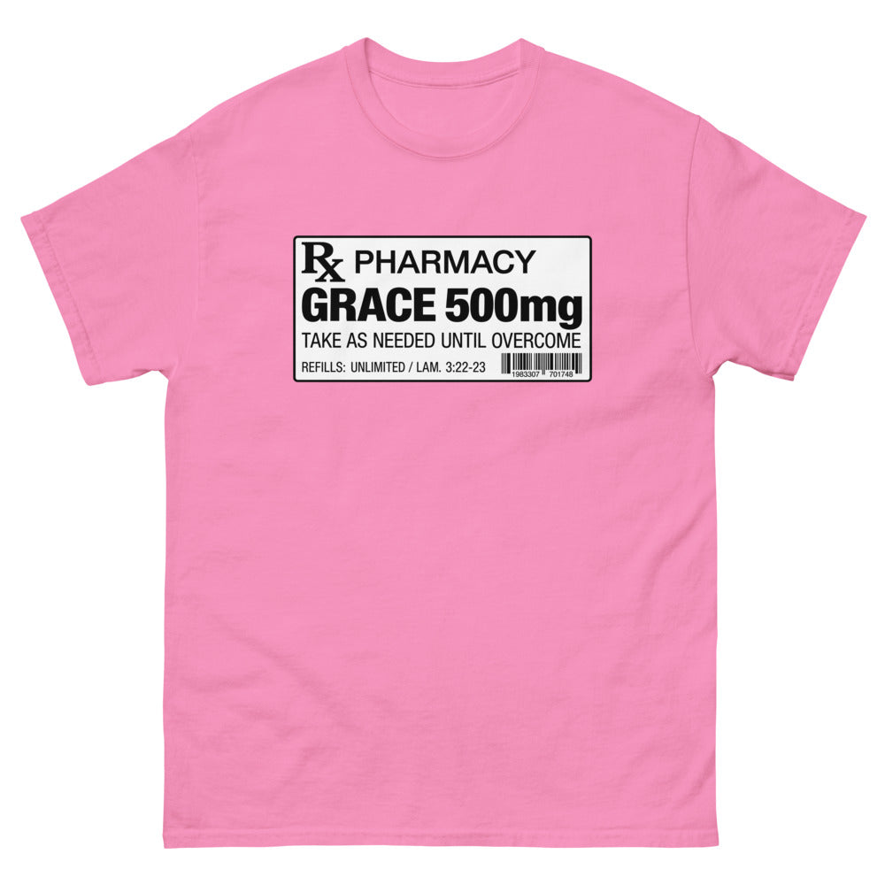 Pharmacy prescription label reading Grace 500mg, refills unlimited on a Azalea shirt