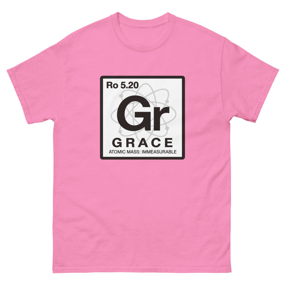 Periodic table tile reading Gr, Grace, atomic mass immeasurable on a Azalea shirt