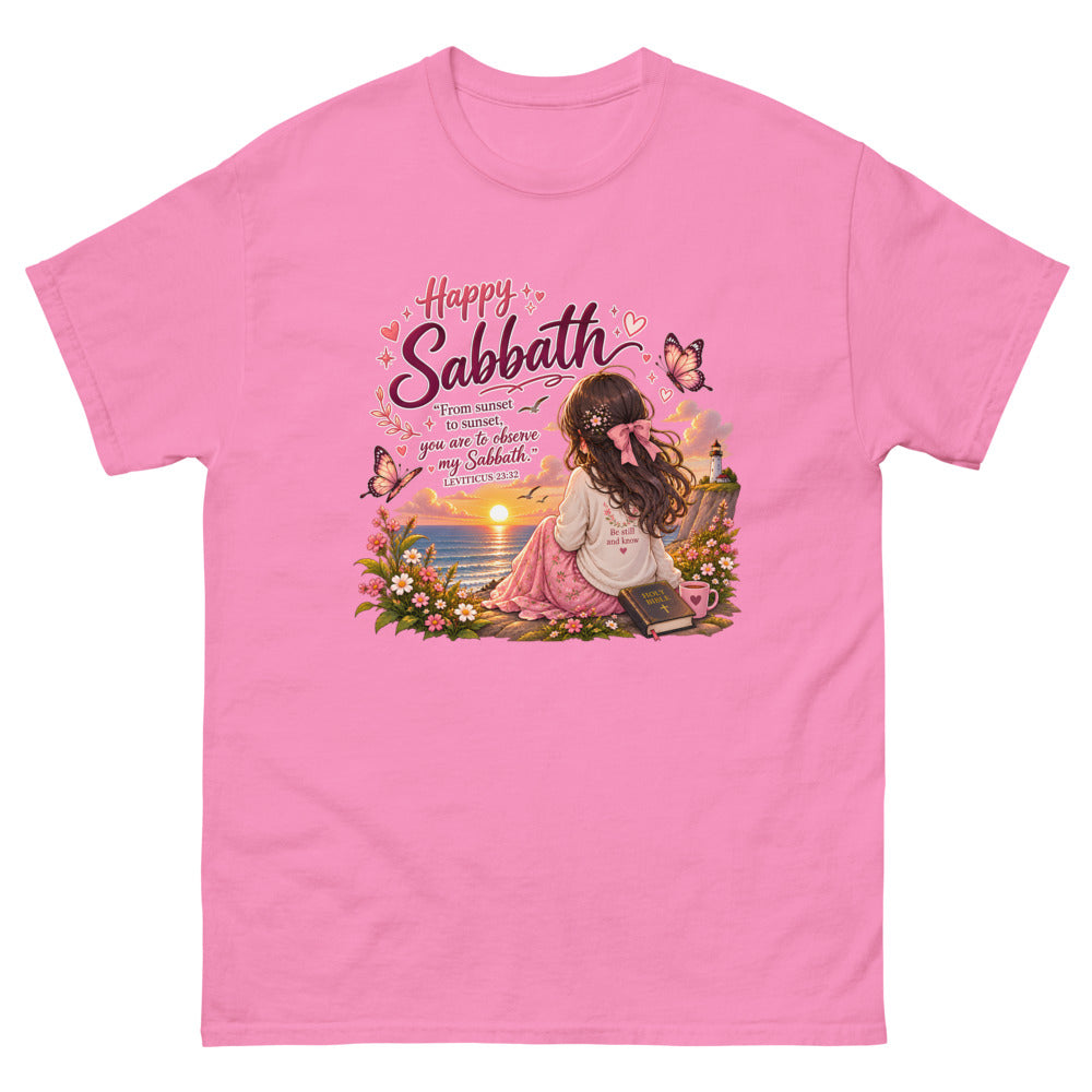 Chibi girl watching an ocean sunset with a Bible and the words Happy Sabbath on a Azalea shirt