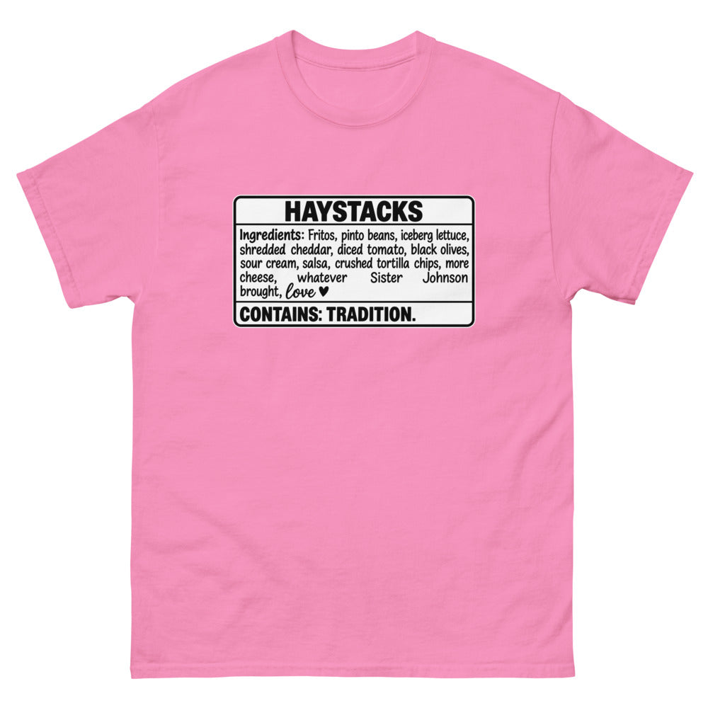 Ingredients label for haystacks ending with Contains: Tradition on a Azalea shirt