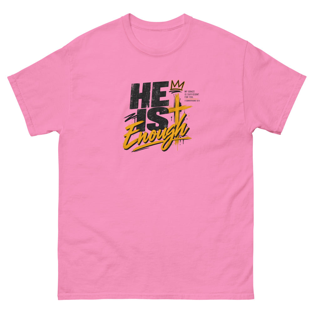Graffiti style lettering with a crown and gold cross reading He Is Enough on a Azalea shirt