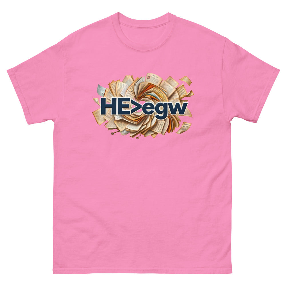 Spiral of open Bibles with navy lettering reading HE is greater than egw on a Azalea shirt