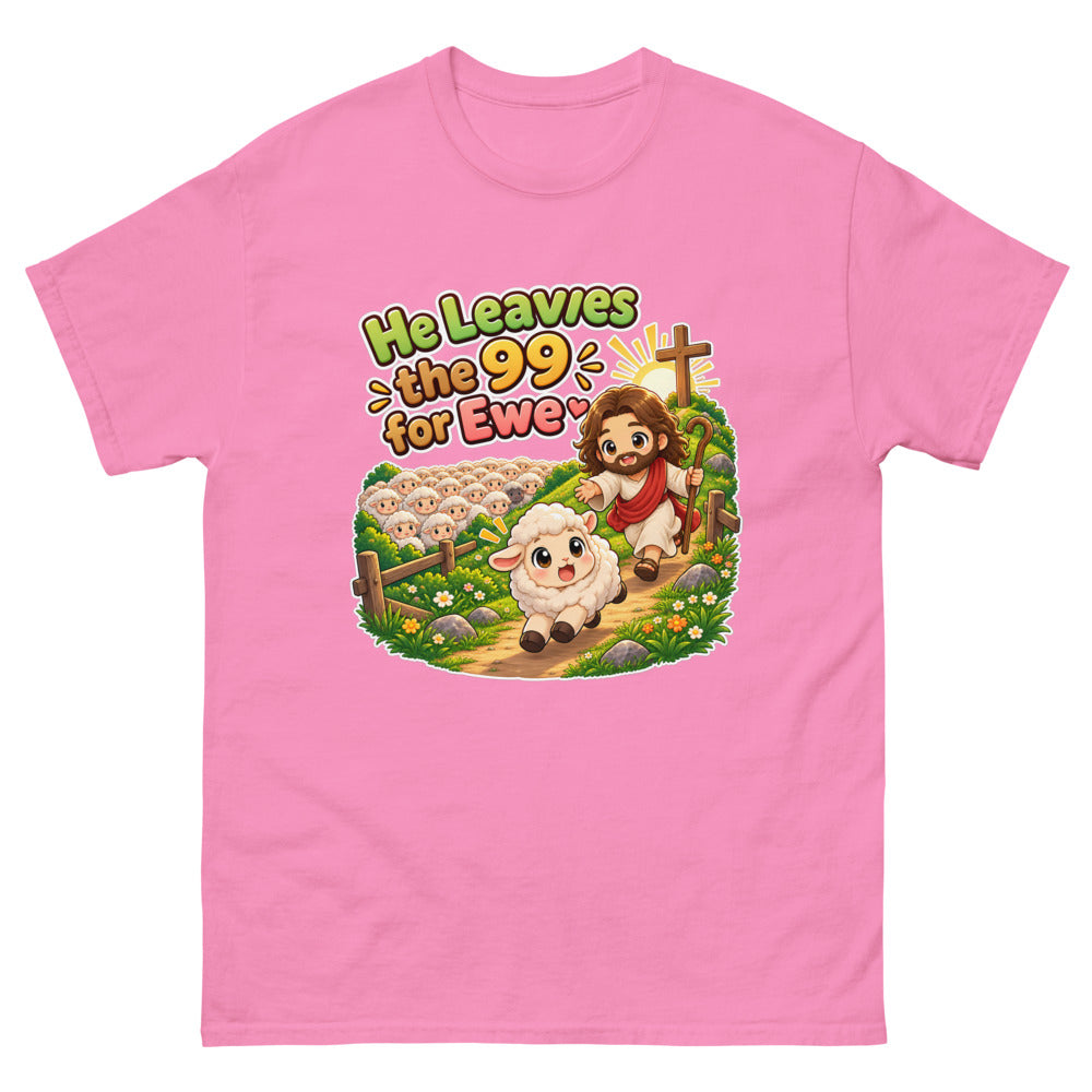 Chibi Jesus chasing one lamb away from the flock with the words He Leaves The 99 For Ewe on a Azalea shirt